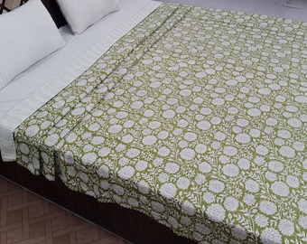 Blue Floral Kantha Quilt Handmade Kantha Bedcover, Hand Block Floral Print Quilt Lightweight Kantha Throw, Pure Cotton Bedcover