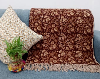 Premium Handmade Sofa Throw, Handblock Print Cotton Blanket, Lightweight Decorative Throw with Tassels, Hand Loomed for Sofa & Room Décor