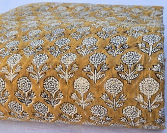 Block Print Quilt Floral Kantha Quilt Musterd Throw Blanket  Bedding Bedspread Cotton Bedcover,