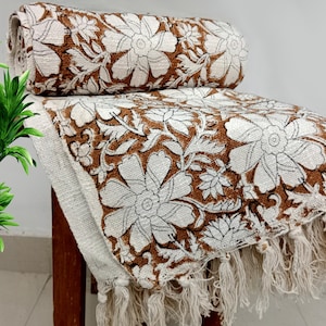 Premium Handmade Sofa Throw, Handblock Printed Cotton Blanket, Lightweight Decorative Throw with Tassels, Hand Loomed for Elegant Room Décor