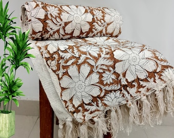 Premium Handmade Sofa Throw, Handblock Printed Cotton Blanket, Lightweight Decorative Throw with Tassels, Hand Loomed for Elegant Room Décor