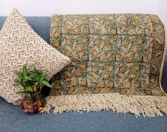 Premium Multicolor Floral Hand Block Print Cotton Sofa Throw Soft Cotton Blanket Sofa Room Décor Tassels Hand Loomed Lightweight Throw