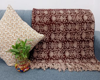 Premium Handmade Sofa Throw, Handblock Print Cotton Blanket, Lightweight Decorative Throw with Tassels, Hand Loomed for Sofa & Room Décor