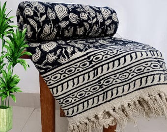 Luxury Valentine's Day Gift Sofa Throw Handmade Cotton Blanket, Hand Block Print with Tassels, Handloomed Lightweight Throw Home Decor