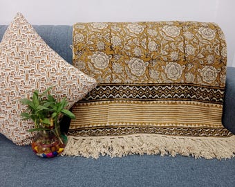 Sofa Throw Handmade Throw Handblock Print Throw Cotton Throw Blanket Sofa Room Décor Tassels Hand Loomed Lightweight Decorative throw
