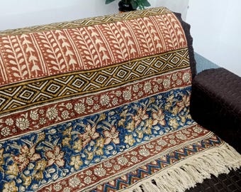 Handblock Print Cotton Throw Blanket with Tassels Boho Bedding Throw Woven Throw Blanket
