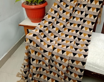 Hand Block Print Cotton Throw Blanket - Boho Geometric Decor