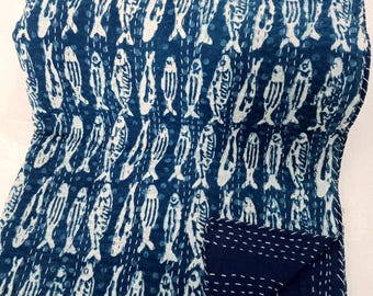 Fish Print Kantha Quilt Blue Fish Kantha Quilt, Indian Cotton Bedspread, Handmade Throw
