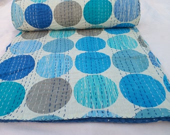Kantha Quilt Indian Handmade Quilted Bedding Bedspread light weight quilt handstitched quilt block print cotton quilt neutral quilt blanket