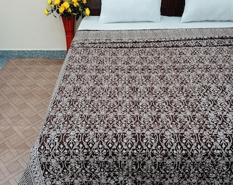 Block Print Quilt Floral Kantha Quilt: Floral Design Quilt Brown Bedcover Bedding Throw
