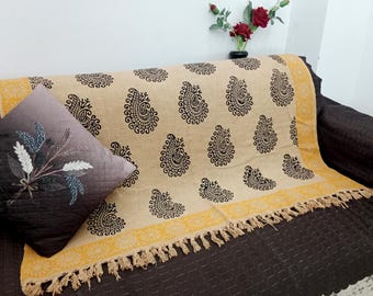 Premium Handmade Sofa Throw, Hand block Print Soft Cotton Blanket Room Décor Tassels Hand Loomed Lightweight Decorative Boho Bedding throw