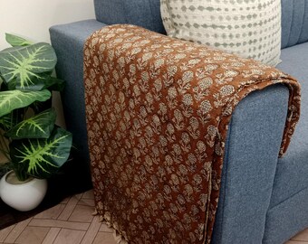 Luxury Valentine's Day Gift, Handmade Block Print Cotton Throw Blanket, Lightweight Woven Sofa Blanket with Tassels, Boho Home & Room Décor