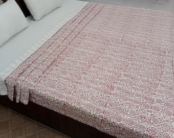 Floral Kantha Quilt Handmade Kantha Bedcover, Hand Block Floral Print Quilt Lightweight Kantha Throw, Pure Cotton Bedcover