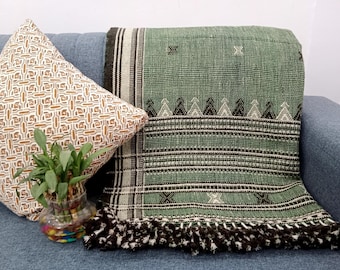 Indian Wool Throw Blanket, Handwoven Sofa Bobo Throw Designer Decorative Blanket for Living Room, Cottage Décor Gift For Home Decor