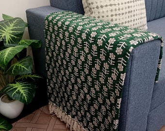 Premium Handmade Cotton Sofa Throw Blanket, Lightweight Woven Decorative Throw Tassels, Block Print Sofa Decor, Hand Loomed Room Accessory