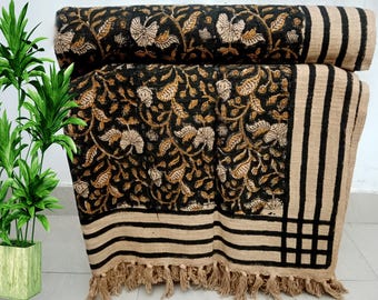 Premium Handmade Sofa Throw Hand block Print Soft Cotton Throw Blanket Room Décor Tassels Hand Loomed Lightweight Decorative, Boho Bedding