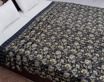 Kantha Bedcover Bedding Quilt Hand Block Floral Design Handblock Floral Print Kantha Throw Quilt Light Weight Block Print Quilted