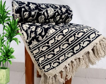 Sofa Throw Handmade Throw Handblock Print Throw Cotton Throw Blanket Sofa Room Décor Tassels Hand Loomed Lightweight Decorative throw