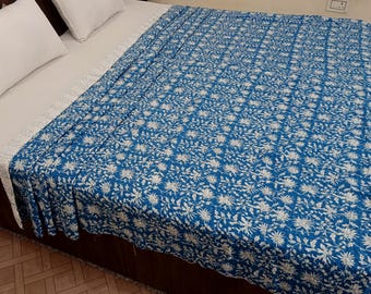 Kantha Bedcover Bedding Quilt Hand Block Floral Design Handblock Floral Print Kantha Throw Quilt Light Weight Block Print Quilted