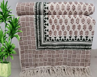 Premium Handmade Sofa Throw Hand Block Print Soft Cotton Boho Blanket Sofa Décor Tassels Hand Loomed Lightweight Decorative Christmas throw