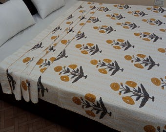 Handmade Kantha Bedcover Bedding Quilt Hand Block Floral Design Handblock Floral Print Kantha Throw Quilt Light Weight Block print quilt