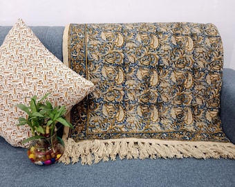 Sofa Throw Handmade Throw Handblock Print Throw Cotton Throw Blanket Sofa Room Décor Tassels Hand Loomed Lightweight Decorative throw