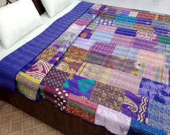 Patchwork Floral Kantha Bedding Floral Print Kantha Throw Queen Quilt Cotton Light Weight Winter Summer Vintage Blanket Bedding Bedspread