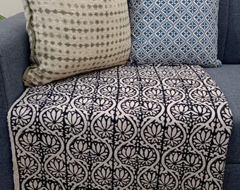 Luxury Valentine's Day Gift, Handmade Block Print Cotton Bedding Throw Blanket with Tassels, Hand Loomed Lightweight Woven Sofa Room Decor
