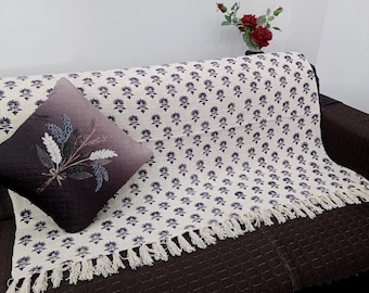Premium Handmade Sofa Throw, Hand block Print Soft Cotton Blanket Room Décor Tassels Hand Loomed Lightweight Decorative Boho Bedding throw