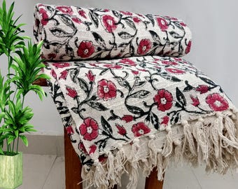 Premium Handmade Sofa Throw Hand block Print Soft Cotton Boho Throw Blanket Sofa Room Décor Tassels Hand Loomed Lightweight Decorative throw