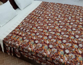Kantha Bedcover Bedding Quilt Hand Block Floral Design Handblock Floral Print Kantha Throw Quilt Light Weight Block Print Quilted