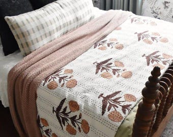 Chocolate Brown Kantha Bedcover Bedding Quilt Hand Block Floral Design Handblock Floral Print Kantha Throw Quilt Light Weight Block quilt