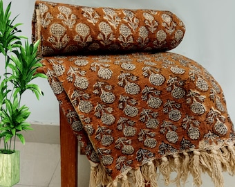 Premium Handmade Sofa Throw, Hand block Print Soft Cotton Blanket Room Décor Tassels Hand Loomed Lightweight Decorative Boho Bedding throw