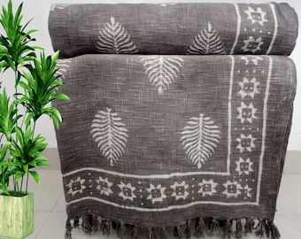 Premium Handmade Sofa Throw Hand Block Print Soft Cotton Throw Boho Blanket Sofa Room Décor Tassels Hand Loomed Lightweight Decorative Throw