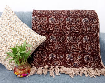 Premium Handmade Sofa Throw, Handblock Print Cotton Blanket, Lightweight Decorative Throw with Tassels, Hand Loomed for Sofa & Room Décor
