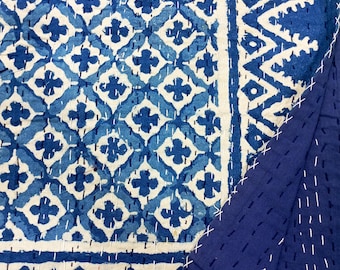 Luxury Indigo Kantha Bedcover, Hand Block Floral Quilt, Handmade Bedding, Indigo Blue Kantha Throw, Vintage Kantha Blanket, Boho Quilt Decor