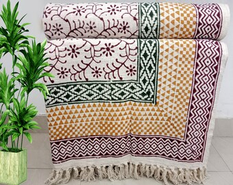 Premium Handmade Sofa Throw Hand block Print Soft Cotton Throw Blanket Sofa Room Décor Tassels Hand Loomed Lightweight Decorative Boho throw