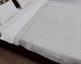 Reversible Organic Cotton Kantha Quilt, Handmade Indian Solid Quilt,Soft Winter Bedding,Queen Size Blanket, Eco-Friendly Cozy Throw for Home