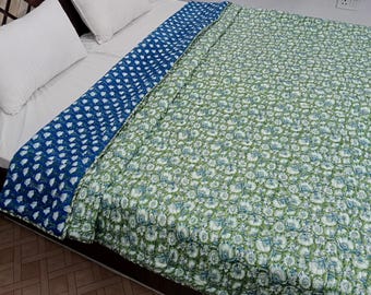 Reversible Organic Cotton Kantha Quilt, Handmade Indian Solid Quilt,Soft Winter Bedding,Queen Size Blanket, Eco-Friendly Cozy Throw for Home