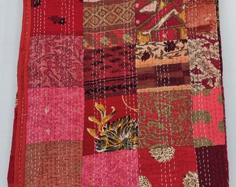 Patchwork Floral Kantha Bedding Hand Block Royal Print Kantha Throw Queen Quilt Cotton Light Weight Quilt Winter Summer Blanket Bedspread