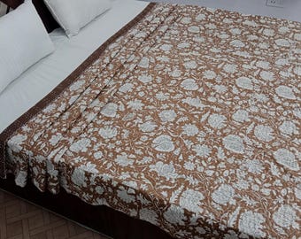 Kantha Bedcover Bedding Quilt Hand Block Floral Design Handblock Floral Print Kantha Throw Quilt Light Weight Block Print Quilted