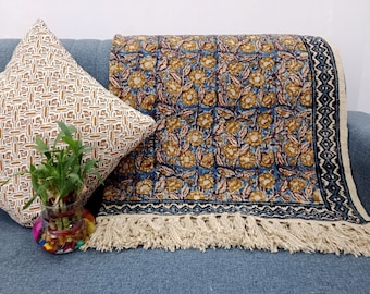Sofa Throw Handmade Throw Handblock Print Throw Cotton Throw Blanket Sofa Room Décor Tassels Hand Loomed Lightweight Decorative throw
