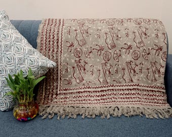 Premium Sofa Handmade Throw Hand block Print Throw Soft Boho Cotton Blanket Sofa Room Décor Tassels Hand Loomed Lightweight Decorative throw
