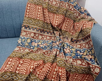 Hand Block Print Cotton Throw Blanket, Boho Tassels