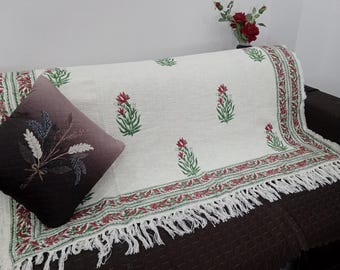 Premium Handmade Sofa Throw, Hand block Print Soft Cotton Blanket Room Décor Tassels Hand Loomed Lightweight Decorative Boho Bedding throw