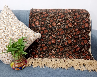 Premium Handmade Sofa Throw, Handblock Print Cotton Blanket, Lightweight Decorative Throw with Tassels, Hand Loomed for Sofa & Room Décor