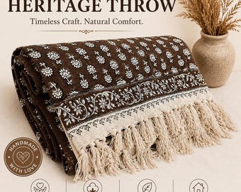 Handwoven bohemian throw blanket Brown Floral Handmade Handblock Print Cotton Throw Blanket with Tassels