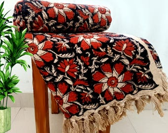 Sofa Throw Handmade Throw Handblock Print Throw Cotton Throw Blanket Sofa Room Décor Tassels Hand Loomed Lightweight Decorative throw