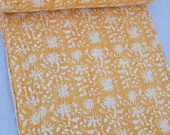 Mustard Floral Kantha Quilt Hand Block Kantha Printed Cotton Bedding