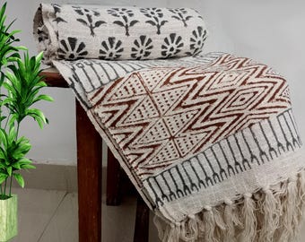 Premium Handmade Sofa Throw Hand Block Print Cotton Throw Blanket Sofa Room Décor Tassels Hand Loomed Lightweight Decorative throw For Home